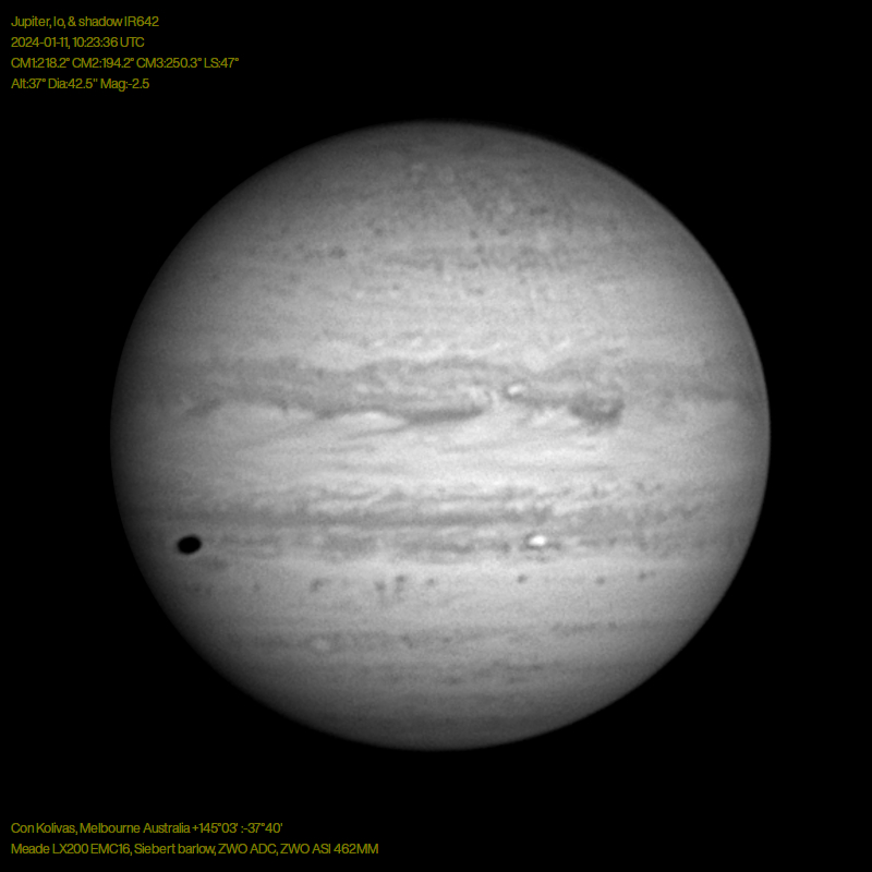 Jupiter, Io & shadow transit 20240111 Major & Minor Imaging Cloudy Nights