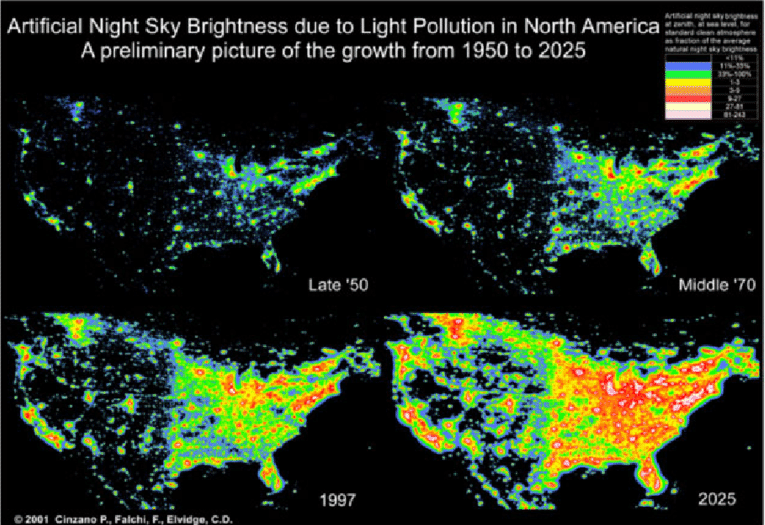 Simulation of light pollution growth in the United States 1950s, 1970s