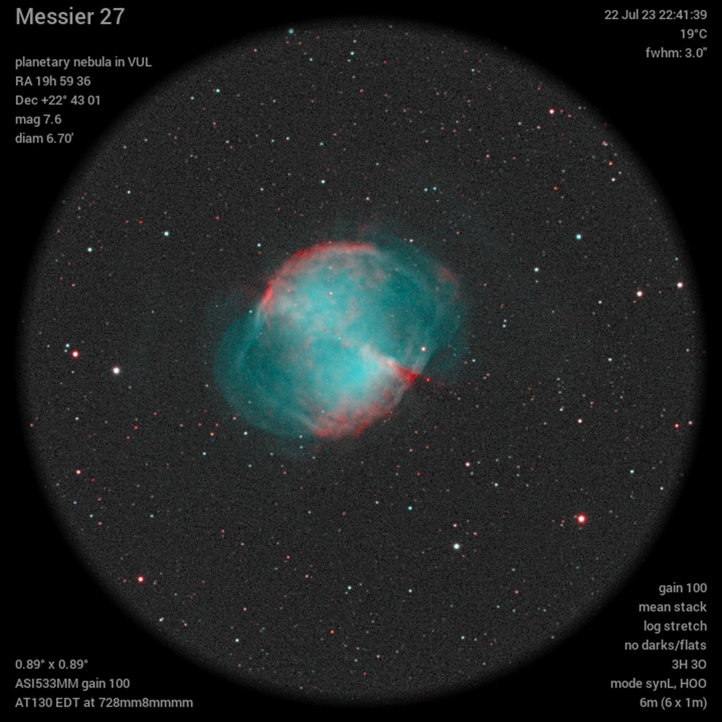 Messier 27 22Jul23 22 41 40 -- HOO view (Size: Large) - EAA - Jocular ...