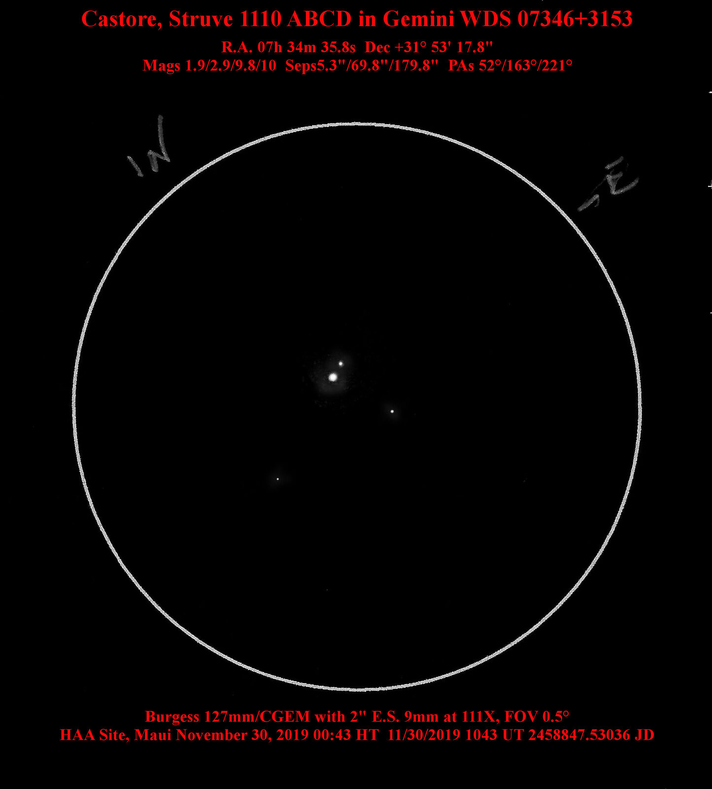 Castor, Struve 1110 in Gemini - Sketches of Double Stars - Photo ...