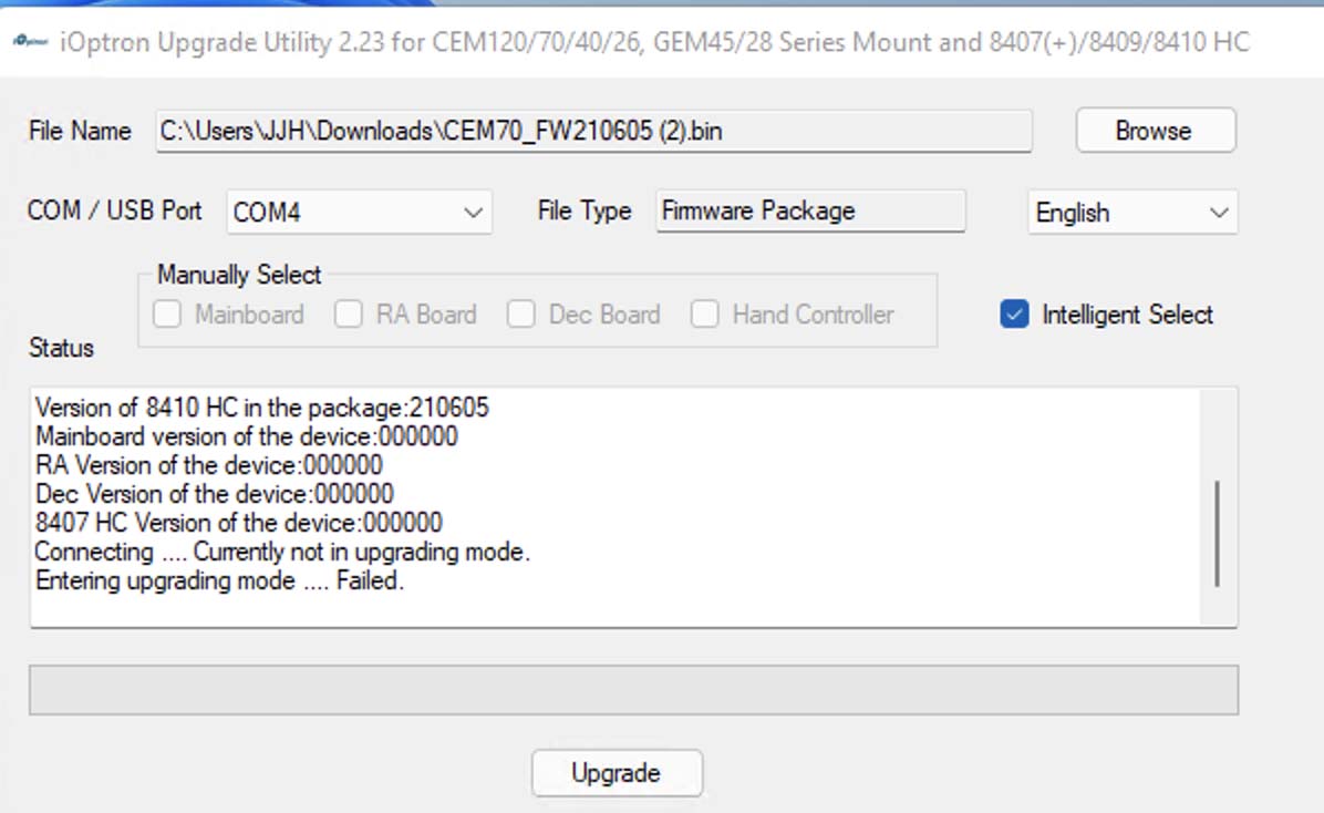 Problem with iOptron firmware update - Mounts - Cloudy Nights