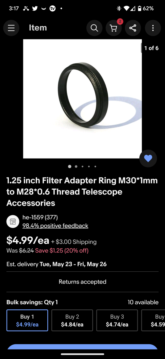 Telescope accessories 1.25 inch M30 to M28 filter adapter
