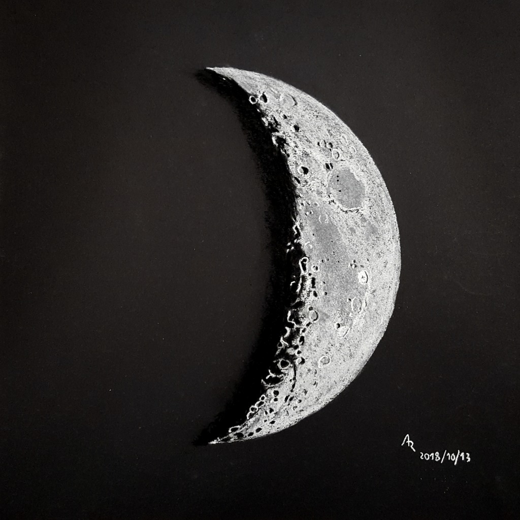 Chalk/charcoal sketch of the waxing crescent moon Sketching Cloudy
