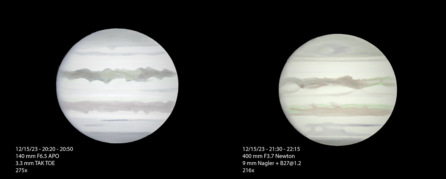 Jupiter through a 5.5-inch refractor and 16-inch Dob - Sketching ...